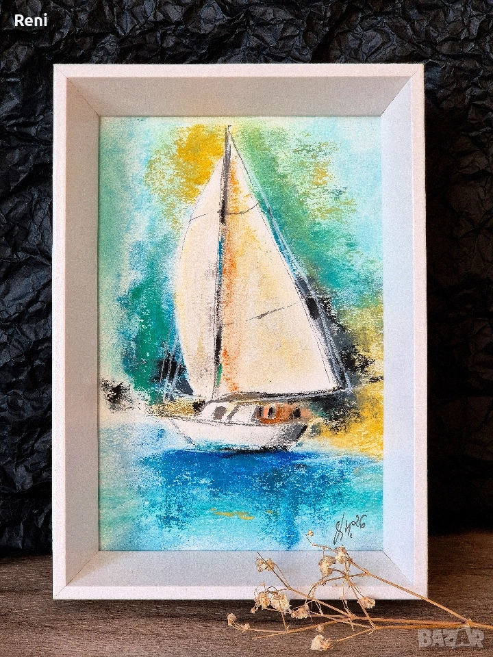 Длан море, малка картина пастел, снимка 1