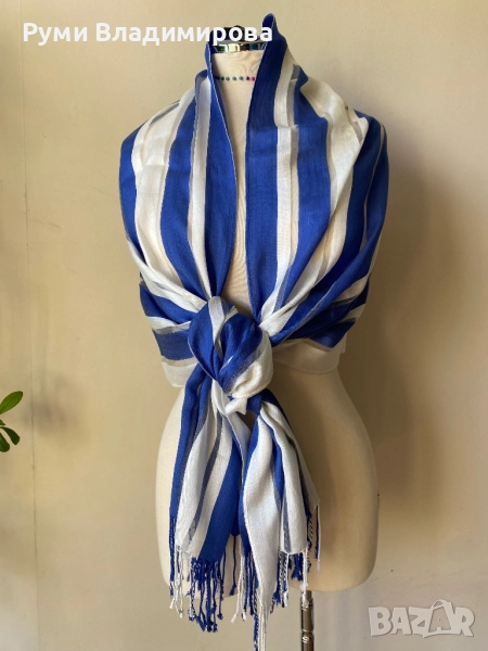 Бял шал на сини райета Hobbs, 20 % коприна/ летен шал, снимка 1