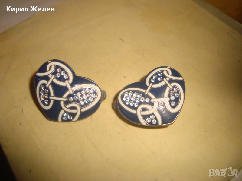 СТАРИ ПОСРЕБРЕНИ СЪРЦЕВИДНИ с ФАСЕТИРАНИ ЦИРКОНЧЕТА МЕДНИ ЕМАЙЛИРАНИ ВИНТИДЖ ОБЕЦИ 28347, снимка 1