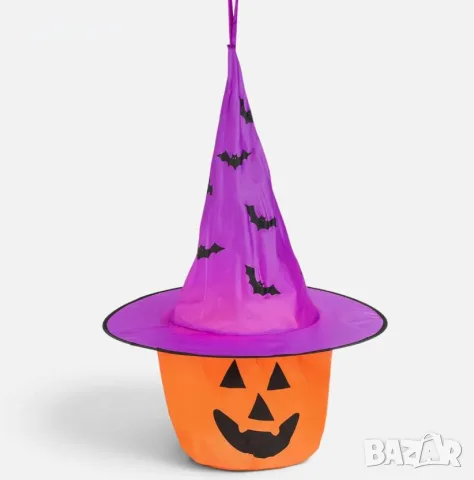 Висяща Halloween тиква с шапка и LED – 39x55 cm