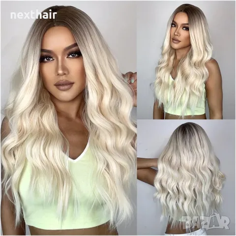 Висококачествена светло руса чуплива перука с тъмни корени на път, снимка 4 - Аксесоари за коса - 50101540