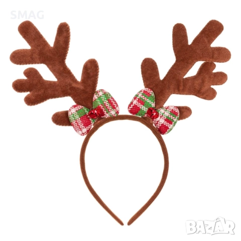 Коледна диадема еленски рога с карирани панделки 15 см_1196840