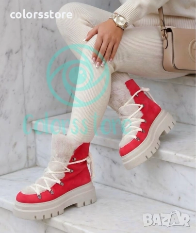 Боти на платформа - червено и бежово велур - BPUH1 