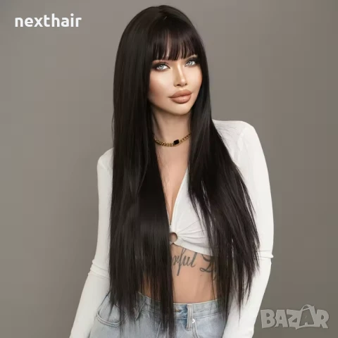 Дълга 80 см тъмно кафява към черна права перука на пластове зигзаг път, снимка 4 - Аксесоари за коса - 50939093