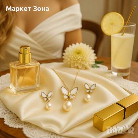 Стилен комплект бижута - Колие и обеци с пеперуди и перлен акцент, снимка 6 - Бижутерийни комплекти - 51458250