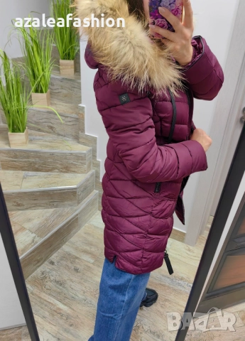 Дълго зимно яке с естествен косъм бордо, снимка 3 - Якета - 52686512