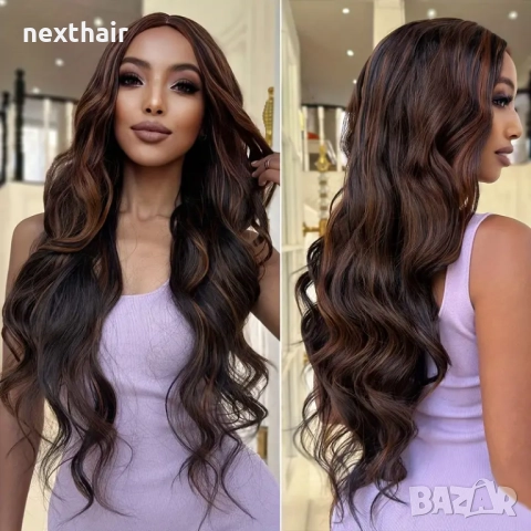 Тъмно кафява вълнообразна перука с кичури 