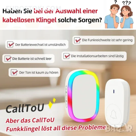 Безжичен звънец CallToU с LED цветни светлини цветен, със самозахранване, работи без батерии, снимка 7 - Домашни звънци и интерфони - 56122801