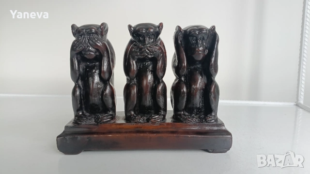 Трите мъдри маймуни , символизиращи фразата „не виждам зло, не чувам зло, не говоря зло“. , снимка 2 - Статуетки - 54009614