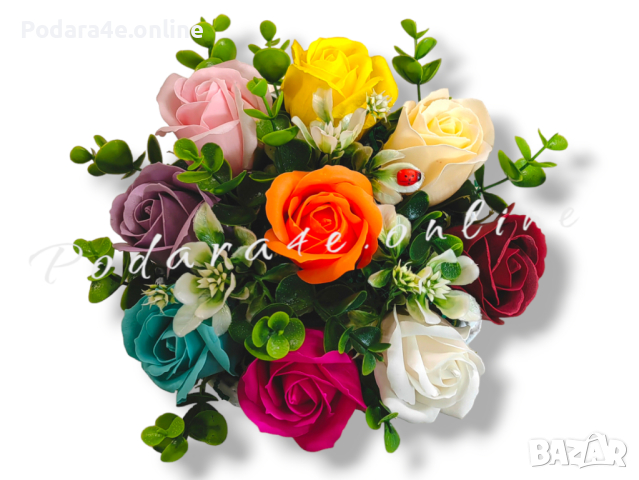 Букет от ароматни сапунени рози в ръчно изработена бяла кашпа Подходящ подарък за всеки повод , снимка 4 - Романтични подаръци - 44702236