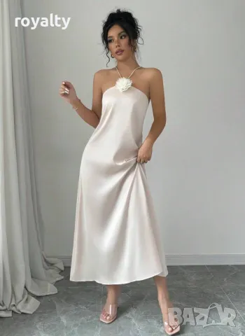 Елегантна сатенена рокля с флорален декор в кайсиев цвят 🥥, снимка 5 - Рокли - 49205532