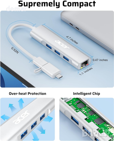 Acer USB А към Ethernet адаптер, 4-в-1 USB-А хъб с 3 USB-A 3.1 и 1Gbps RJ45 - НЯМА А към С адаптер, снимка 6 - Кабели и адаптери - 44672378