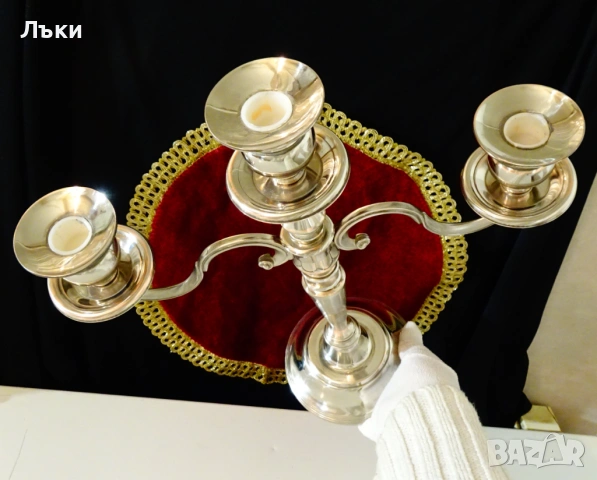 Посребрен троен свещник,чиста мед,35 см.,1.1 кг. , снимка 3 - Антикварни и старинни предмети - 54101805