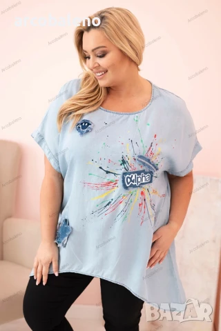 Дамска блуза с големи размери и кръпки, 2цвята , снимка 3 - Тениски - 50505704