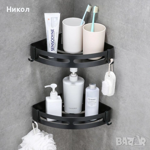 Черен рафт за баня 2 бр, с 4 регулируеми куки, неръждаема стомана, хромиран, баня, тоалетна, кухня, снимка 8 - Етажерки - 54042595