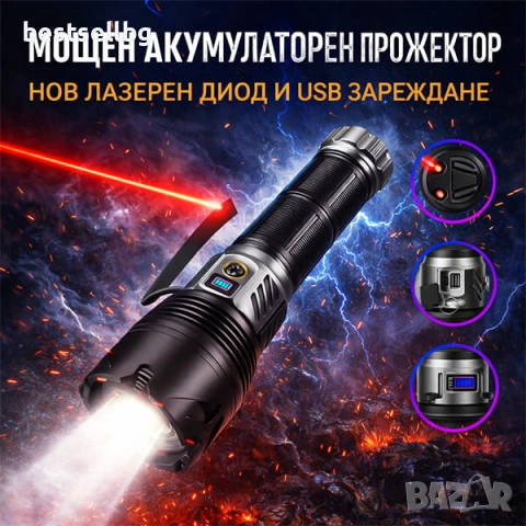 Мощен прожектор с лазерен диод 60W 2000м обхват Zoom Power Bank USB-C ръчен LED фенер за лов риболов, снимка 6 - Къмпинг осветление - 54109986
