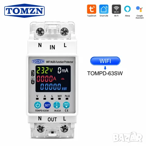 63A Контролен подотчетен смарт електромер TOMZN Wi-Fi с LED дисплей, Tuya, Smart Life