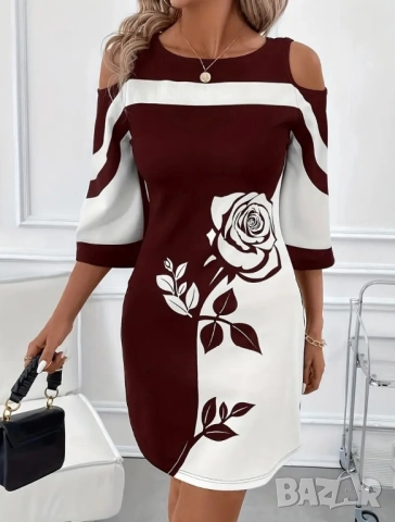 Рокля в бордо и бяло с рози