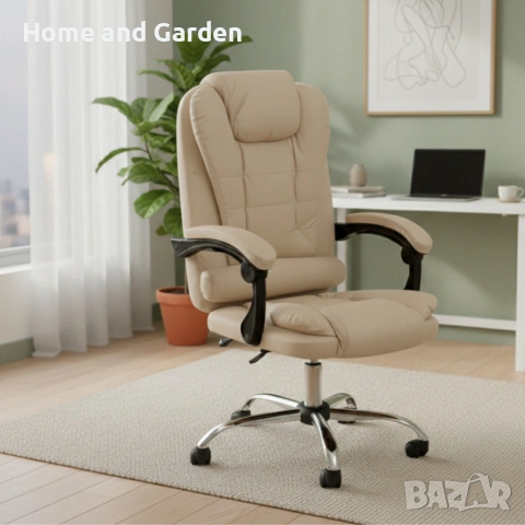 Ергономичен офис стол с лумбална опора от еко кожа в бежов цвят – комфорт за дълги часове без болки, снимка 6 - Столове - 54026951