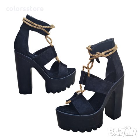 Сандали на ток - черен велур, черно ходило - 88-1