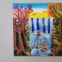 Красива авторска картина - акрил, канава, пейзаж водопад 40 х 40 см, снимка 1 - Други - 30561195