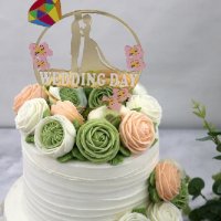 Wedding Day Златен кръг пръстен с диамант и цветя акрил твърд топер за торта Сватбен сватба, снимка 1 - Други - 30124720