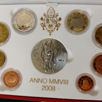 Ватикана PROOF 2008 г. - комплектен сет от 1 цент до 2 евро + възпоменателен сребърен медал, снимка 3 - Нумизматика и бонистика - 44736907