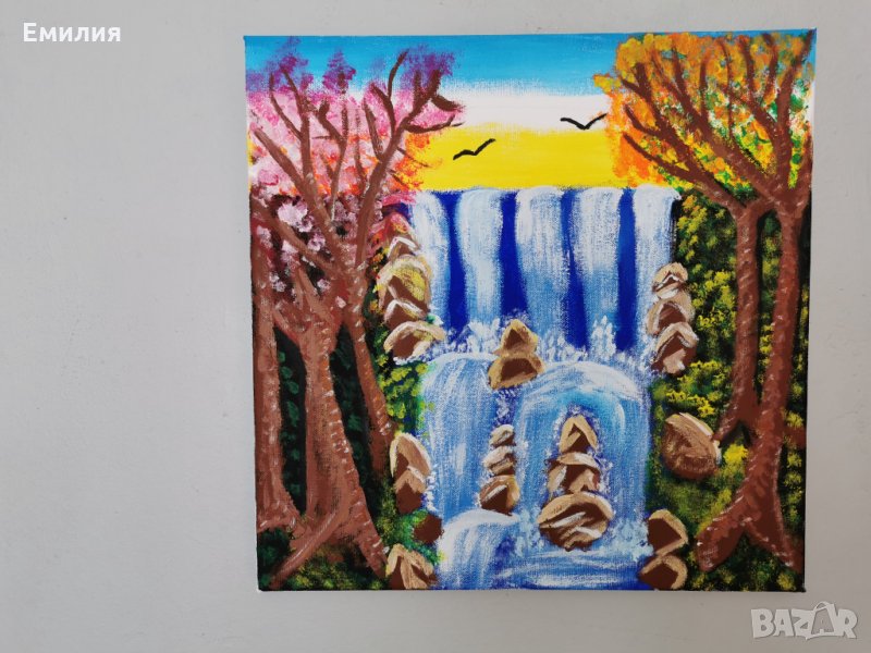 Красива авторска картина - акрил, канава, пейзаж водопад 40 х 40 см, снимка 1