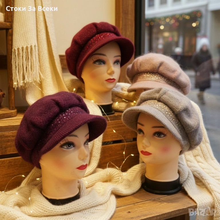 Елегантна зимна плетена шапка с козирка и камъчета, снимка 1