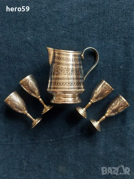 Руска сребърна каничка и две сребърни чаши с ниело и позлата,сребро 875 проба , снимка 1