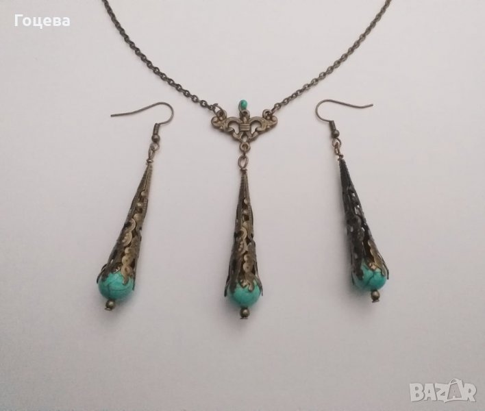 Прекрасен Викториански Тюркоазен комплект обици и колие в бронзов цвят, снимка 1
