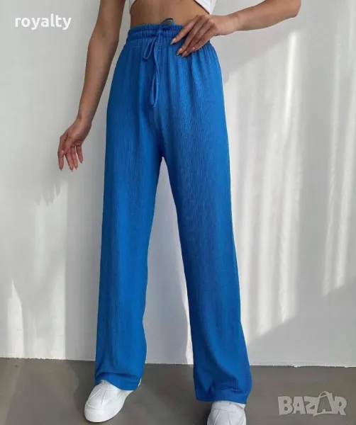 Син дамски панталон с лен, снимка 1