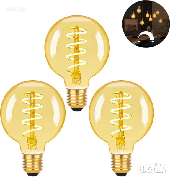 E27 Винтидж крушки G80 декоративни спирални LED сферични крушки, 4W 350lm, 3 броя, снимка 1