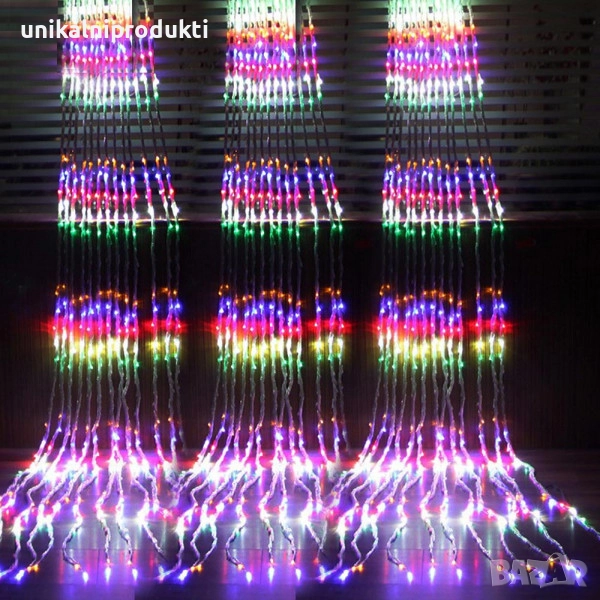 Водопад коледни лампички LED завеса 3м х 3м многоцветна светлина с функция валящ сняг, снимка 1