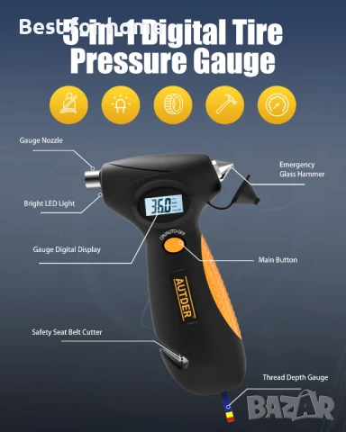 AUTDER 5-в-1 дигитален манометър за гуми с  LCD дисплей с подсветка , снимка 2 - Аксесоари и консумативи - 51040236