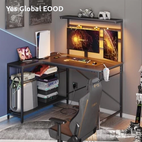 Bestier L-образно бюро с LED и контакти 106см, снимка 2 - Маси - 53883613