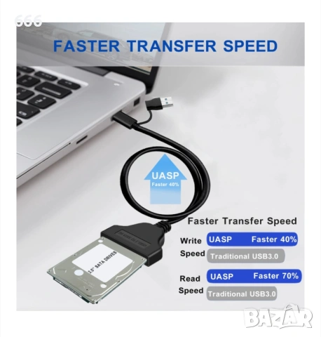 Адаптер USB 3.0 към SATA HDD SSD 2.5/3.5 инча със захранващ адаптер 10TB, снимка 2 - Друга електроника - 54263135