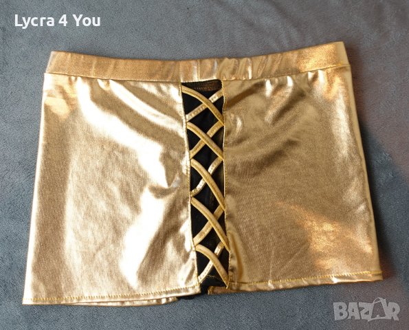 S/M къса златиста лачена пола с платки черен тюл странично, снимка 6 - Поли - 40162305