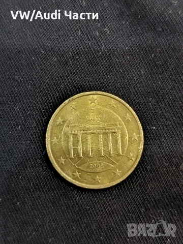 Монета 50 евро цента Германия 2002г. буква J  Бранденбургска врата , снимка 2 - Нумизматика и бонистика - 49037404
