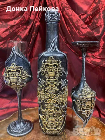 Сервиз за вино от 3 части ръчна изработка в злато и сребро, снимка 2 - Сервизи - 48183789
