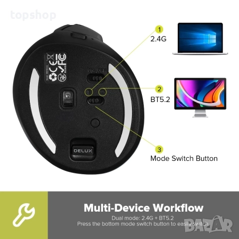 Нова Безжична мишка Delux M618MINI, Bluetooth, Ергономична, Черна, снимка 4 - Клавиатури и мишки - 51589034