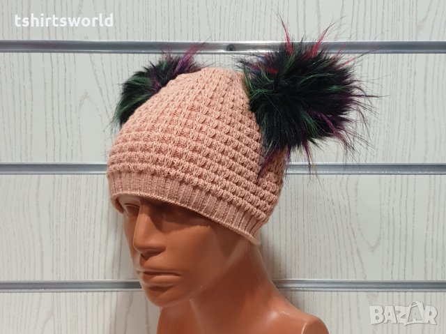 Нова зимна розова дамска шапка с 2 цветни помпона/пуха , снимка 6 - Шапки - 30961836
