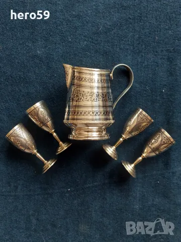 Руска сребърна каничка и две сребърни чаши с ниело и позлата,сребро 875 проба , снимка 1