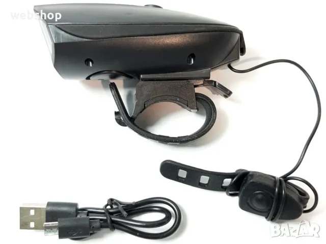 Водоустойчив Фар за велосипед със Звънец, бутон за дистанционно, батерия, микро USB зарядно, снимка 4 - Аксесоари за велосипеди - 48686324