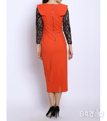 Елегантна рокля в цвят корал с черни дантелени ръкави Onyx - 2XL, снимка 2 - Рокли - 42546613