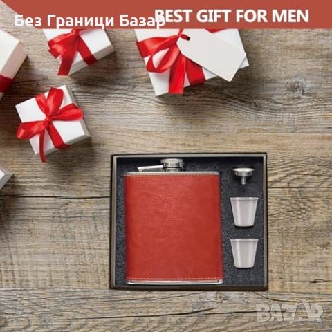 Нова Кожена манерка от неръждаема стомана с фуния и 2 шота идеален подарък за мъж, снимка 7 - Подаръци за мъже - 54101126