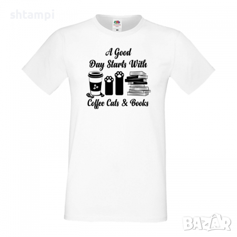Мъжка тениска A good Day Starts With Coffee Books Cats,Баща, Дядо,Празник,Татко,Изненада,Повод,, снимка 4 - Тениски - 36503714