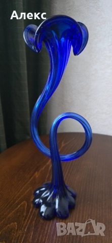 Колекционерска ваза кобалт, духано стъкло, 39см, снимка 4 - Антикварни и старинни предмети - 51763103