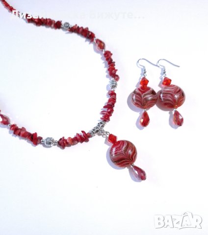 Прекрасен комплект бижута обеци и колие с червени Корали, кристали и ръчно изработени Мурано мъниста, снимка 13 - Бижутерийни комплекти - 42923968