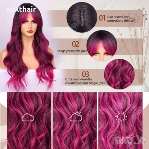 Омбре перука розово червена циклама с черни корени и бретон, снимка 8 - Аксесоари за коса - 47997798